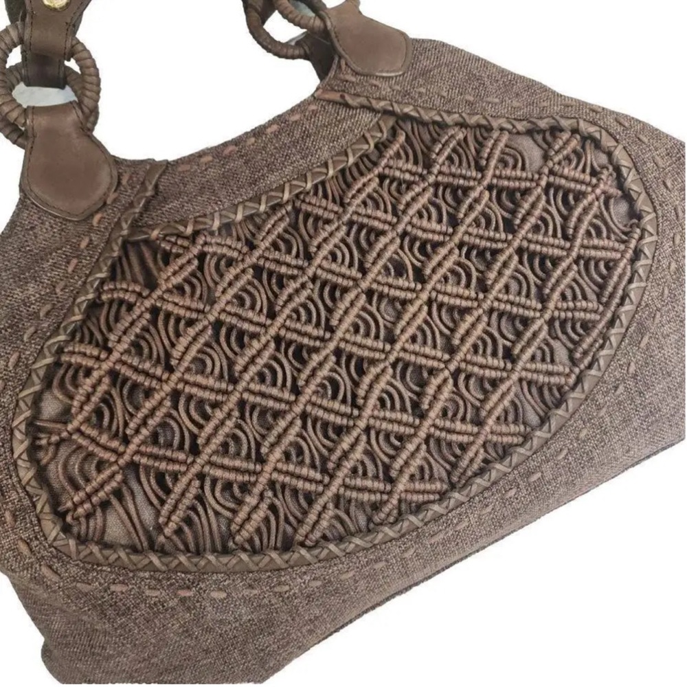 Cole Haan Brown Linen Canvas Hobo Bag Leather Trim Macrame Accent.